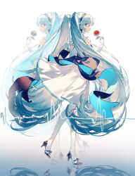 1girl absurdres aqua_hair back_bow bare_shoulders black_flower black_rose blue_eyes bow cardiogram collar collared_dress commentary_request dress elbow_gloves flower frilled_collar frills full_body gloves hatsune_miku headphones high_heels highres holding holding_flower long_hair miku_symphony_(vocaloid) mirror_image official_alternate_costume painttool_sai_(medium) pantyhose red_flower red_rose reflective_floor rose shoes sleeveless sleeveless_dress solo standing twintails user_xvhp2553 very_long_hair vocaloid white_gloves white_pantyhose