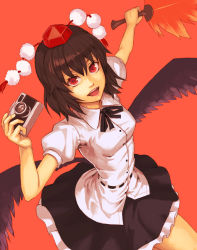 Rule 34 | 1girl, :d, bad id, bad pixiv id, black wings, brown hair, camera, dress shirt, female focus, hand fan, hat, looking at viewer, open mouth, pom pom (clothes), red background, red eyes, ribbon, shameimaru aya, shirt, short hair, simple background, skirt, smile, solo, tokin hat, touhou, wings, yuuji (and)
