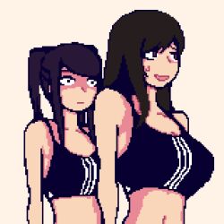 Rule 34 | 2girls, adidas, bare shoulders, bartender, black hair, black sports bra, breast conscious, breast envy, breasts, brown hair, cleavage, cropped torso, cyberpunk, final fantasy, final fantasy vii, final fantasy vii remake, gloom (expression), height difference, highres, jill stingray, large breasts, long hair, looking to the side, lzmdru4 1, medium support (meme), meme, midriff, multiple girls, navel, nervous, nervous smile, nervous sweating, open mouth, pixel art, purple hair, red eyes, scared, shaded face, shirt, simple background, sleeveless, sleeveless shirt, small breasts, smile, sports bra, stomach, striped sports bra, sweat, tifa lockhart, triple vertical stripe, turn pale, twintails, undersized breast cup, va-11 hall-a, vertical-striped sports bra, wide-eyed