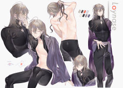 Rule 34 | 1boy, absurdres, androgynous, back, bishounen, black pants, black shirt, character name, color guide, feet out of frame, grey hair, hair between eyes, highres, jewelry, long hair, looking at viewer, male focus, msa (fary white), multiple views, open clothes, open robe, original, pants, purple robe, red pupils, ring, robe, shirt, sitting, smile, toned, topless