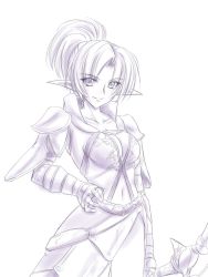 Rule 34 | 1girl, armor, bow, breasts, cleavage, collarbone, dark elf, dark elf (lineage 2), elf, highres, large breasts, lineage, lineage 2, monochrome, navel, pointy ears, ponytail, purple theme, sketch, smile, solo, tenmaso
