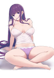 Rule 34 | 1girl, absurdres, arm support, arms behind back, bow, bow panties, breasts, camisole, covered erect nipples, crossed legs, cut bangs, fern (sousou no frieren), full body, hair in own mouth, highres, large breasts, legs, long hair, looking at viewer, panties, purple hair, purple panties, sitting, solo, sousou no frieren, spread legs, straight hair, thighs, txbbxb, underwear, very long hair, white camisole