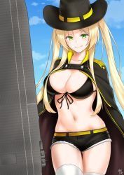 1girl azur_lane bikini bikini_top_only black_bikini black_hat blonde_hair breasts cape cleavage cloud cloudy_sky collarbone cowboy_hat cowboy_shot day female_focus flight_deck gluteal_fold green_eyes hat highres hornet_(azur_lane) kamui_aya large_breasts long_hair looking_at_viewer midriff navel short_shorts shorts signature sky smile solo standing swimsuit thighhighs twintails white_thighhighs