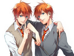 Rule 34 | 2boys, animification, arm around shoulder, bishounen, blouse, blue eyes, brother, brothers, collared shirt, dress shirt, family, freckles, fred weasley, george weasley, harry potter (series), head tilt, hogwarts school uniform, looking at viewer, male focus, multiple boys, nakagawa waka, necktie, orange hair, school uniform, shirt, siblings, side-by-side, simple background, sleeves rolled up, smile, striped necktie, striped neckwear, sweater, sweater vest, swept bangs, twins, uniform, wand, white background, white shirt, wizarding world