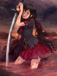 Rule 34 | 10s, 1girl, black hair, blood, blood-c, blood (series), blood on face, blood stain, blood on clothes, glasses, hair ribbon, highres, katana, kisaragi saya, kneeling, long hair, mutsuki (moonknives), open mouth, production i.g, red eyes, ribbon, school uniform, skirt, slit pupils, smile, solo, sword, torn clothes, twintails, very long hair, water, weapon