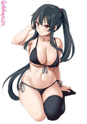 Rule 34 | 1girl, alternate costume, arm behind head, bikini, black bikini, black hair, black thighhighs, blush, breasts, cleavage, collarbone, cowboy shot, ebifurya, front-tie bikini top, front-tie top, hand on own foot, hand on own head, highres, kantai collection, large breasts, legs, long hair, midriff, navel, one-hour drawing challenge, pink scrunchie, ponytail, red eyes, scrunchie, seiza, side-tie bikini bottom, sidelocks, simple background, single thighhigh, sitting, smile, solo, stomach, swimsuit, thighhighs, thighs, twitter username, white background, yahagi (kancolle)