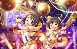 Rule 34 | 10s, 2girls, akagi miria, artist request, bare shoulders, black hair, blush, braid, child, choker, closed eyes, confetti, crown, dancing, detached sleeves, flat chest, fur trim, gloves, hair ornament, idolmaster, idolmaster cinderella girls, idolmaster cinderella girls starlight stage, jewelry, mini crown, multiple girls, official art, one eye closed, open mouth, ring, sasaki chie, short hair, shorts, single braid, single glove, smile, stage, star (symbol), twintails, two side up, yes! party time!!