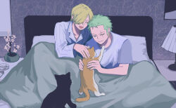 Rule 34 | 2boys, :d, animal, ashtray, bed, black cat, blanket, blonde hair, cat, closed eyes, commentary, curly eyebrows, earrings, flower, green hair, grey shirt, hair over one eye, highres, holding, holding animal, holding cat, hotel room, jewelry, lamp, long bangs, long sleeves, looking down, male focus, multiple boys, on bed, one piece, open mouth, orange cat, pajamas, petting, roronoa zoro, sanji (one piece), scar, scar across eye, scar on face, shirt, short hair, short sleeves, single earring, smile, striped clothes, towne, under covers