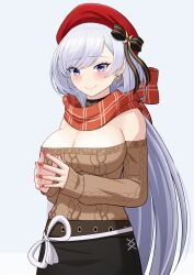 Rule 34 | 1girl, absurdres, aran sweater, azur lane, bare shoulders, belfast (azur lane), belfast (shopping with the head maid) (azur lane), beret, black bow, black choker, black skirt, blue eyes, bow, breasts, brown sweater, cable knit, choker, cleavage, commentary request, earrings, grey background, hair bow, hat, highres, hoop earrings, jewelry, large breasts, lemon kele, long hair, long sleeves, nail polish, off-shoulder sweater, off shoulder, red hat, red nails, red scarf, scarf, skirt, solo, steepled fingers, sweater, upper body, very long hair, white hair