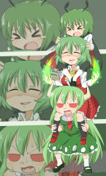 Rule 34 | &gt; &lt;, 3girls, ^ ^, antenna hair, antennae, ascot, cape, carrying, closed eyes, color connection, dai (touhou handdrawn), dress, ex-keine, closed eyes, female focus, gatakiriba (ooo combo), gazacy (dai), green hair, green theme, highres, horns, human tower, kamen rider, kamen rider ooo (series), kamishirasawa keine, kazami yuuka, long hair, mary janes, multiple girls, open mouth, plaid, plaid skirt, plaid vest, red eyes, shaded face, sharp teeth, shoes, short hair, shoulder carry, skirt, skirt set, stacking, sweat, tears, teeth, totem, touhou, vest, wriggle nightbug, zoom layer
