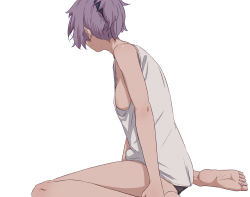Rule 34 | 1girl, aoba (kancolle), areola slip, barefoot, black panties, breasts, hair ornament, hair scrunchie, highres, ikadamo, kantai collection, medium breasts, panties, ponytail, purple hair, scrunchie, sideboob, simple background, sitting, solo, tank top, underwear, white background, white tank top