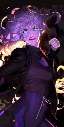 Rule 34 | 1girl, albino, angry, black jacket, black pants, black shirt, blue eyes, highres, jacket, looking at viewer, night, night sky, official art, open mouth, pants, park hayan, punching, shirt, sky, unholy blood, white hair