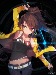 Rule 34 | 1girl, ahoge, arm up, armpits, artist name, belt, belt buckle, black background, black jacket, black pants, breasts, brown hair, buckle, cleavage, closed mouth, clothes writing, cowboy shot, earrings, expressionless, facial tattoo, glowing, glowing sword, glowing weapon, hair tie, heart, heart tattoo, highres, holding, holding sword, holding weapon, hoop earrings, jacket, jewelry, long hair, medium breasts, open clothes, open jacket, original, pants, ponytail, qian ye (qys3), qys3, sheath, simple background, sleeveless, solo, standing, sword, tank top, tattoo, thigh gap, unsheathed, very long hair, weapon
