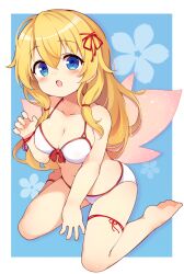 Rule 34 | 1girl, baku-p, bare arms, bare legs, bare shoulders, barefoot, bikini, blonde hair, blue background, blue eyes, blush, bow, bow bikini, breasts, cleavage, commentary request, fairy wings, floral background, full body, hair between eyes, hair ribbon, hand up, highres, lily white, long hair, looking at viewer, medium breasts, navel, open mouth, pink wings, red ribbon, ribbon, solo, swimsuit, touhou, two-tone background, very long hair, white background, white bikini, wings