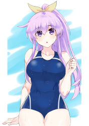 Rule 34 | bare shoulders, breasts, cloud, dripping, highres, long hair, medium breasts, nepgear, neptune (series), nervous, open mouth, paid reward available, ponytail, purple eyes, purple hair, ribbon, sky, soaked, swimsuit, thighs, very long hair, wet, wet clothes, wet swimsuit, zatsu