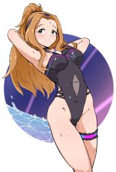 Rule 34 | 1girl, absurdres, arm behind head, black one-piece swimsuit, breasts, brother and sister, brown hair, casual one-piece swimsuit, clothing cutout, commentary request, criss-cross halter, green eyes, halterneck, highres, ichi k y, idolmaster, idolmaster million live!, long hair, looking at viewer, medium breasts, navel cutout, nikaidou chizuru, one-piece swimsuit, parted lips, ponytail, siblings, smile, solo, swimsuit, thigh strap, very long hair, water