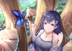 Rule 34 | 1girl, absurdres, blue butterfly, blue eyes, blue hair, breasts, bug, butterfly, cleavage, clenched hands, collarbone, detached sleeves, grey tank top, hair behind ear, highres, hololive, hololive china, insect, large breasts, mie xiao ya, mushroom, rosalyn (hololive), see-through, see-through sleeves, smile, solo, tank top, tree, virtual youtuber