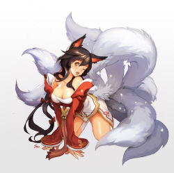 Rule 34 | 1girl, ;d, ahri (league of legends), all fours, animal ears, black hair, breasts, brown eyes, cleavage, detached sleeves, fangs, fox ears, fox tail, highres, large breasts, league of legends, long hair, multiple tails, nawol, one eye closed, open mouth, smile, tail, wink