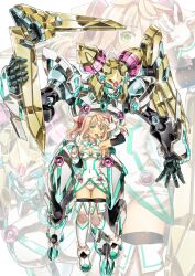 Rule 34 | 1girl, absurdres, armpits, black thighhighs, blonde hair, blue eyes, boomerang, boots, breasts, clenched hand, dress, garimpeiro, gloves, glowing, glowing eyes, green eyes, hacka doll, hacka doll 1, highres, holding, mecha, mechanization, medium breasts, open hand, robot, smile, thigh boots, thighhighs, white dress, white footwear, white gloves, zoom layer