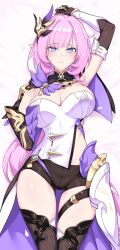 Rule 34 | 1girl, black gloves, black shorts, blue eyes, breasts, cleavage, closed mouth, dakimakura (medium), elbow gloves, elf, elysia (honkai impact), elysia (miss pink elf) (honkai impact), frilled sleeves, frills, gloves, hair ornament, halcon, highres, honkai (series), honkai impact 3rd, large breasts, long hair, looking at viewer, lying, pink hair, pointy ears, shorts, shrug (clothing), smile, solo, thigh strap, thighhighs, very long hair