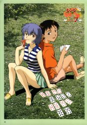 Rule 34 | 1boy, 1girl, absurdres, ace (playing card), ace of hearts, ayanami rei, back-to-back, blue hair, card, eight of diamonds (playing card), heart, highres, holding, holding card, ikari shinji, neon genesis evangelion, playing card, sandals, scan, shirt, striped clothes, striped shirt, suzuki shunji