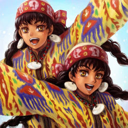 Rule 34 | 2girls, braid, earrings, hat, jewelry, laila (otoyomegatari), leyla (otoyomegatari), leyli (otoyomegatari), multiple girls, necklace, open mouth, otoyomegatari, satou toshio (suisuisuisui), siblings, sisters, suisuisuisui, traditional clothes, twin braids, twins, yellow eyes