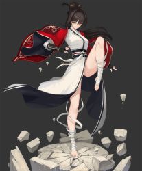 Rule 34 | 1girl, ankle wrap, brown hair, crack, cracked floor, earrings, fighting stance, fingerless gloves, floating rock, full body, gloves, grey background, hair intakes, highres, japanese clothes, jewelry, kimono, leg wrap, looking at viewer, md5 mismatch, obi, original, parted lips, ponytail, resolution mismatch, rikui (rella2930), rubble, sash, solo, source smaller, standing, standing on one leg, tsurime, wide sleeves, yellow eyes