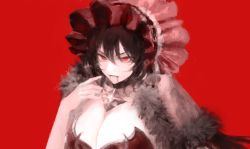 Rule 34 | 1girl, black choker, black hair, blood, blood from mouth, breasts, choker, cleavage, fur, hair between eyes, hand up, illya (princess connect!), large breasts, looking at viewer, pale skin, princess connect!, red background, red eyes, short hair, solo, sonchi, upper body