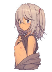 Rule 34 | 1girl, black shirt, blue eyes, breasts, closed mouth, clothes lift, commentary, cropped torso, everyntrge, grey hair, hair between eyes, hair intakes, hair ornament, hair scrunchie, highres, lifting own clothes, light blush, navel, nipples, original, paid reward available, red scrunchie, scrunchie, shirt, shirt lift, sidelocks, simple background, sleeveless, sleeveless shirt, small breasts, solo, sweat, white background, zipper