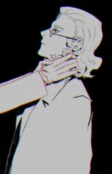 1boy black_background chromatic_aberration classicaloid forehead franz_schubert_(classicaloid) from_side glasses gloves hands_on_another&#039;s_neck jacket long_sleeves male_focus monochrome parted_lips red_eyes scanlines sf_jd simple_background solo_focus strangling upper_body