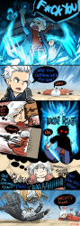 Rule 34 | 3boys, absurdres, blouse, comic, crack, cracked wall, dante (devil may cry), devil may cry (series), devil may cry 5, devil trigger, english text, facial hair, father and son, flashback, glowing, highres, holding, holding sword, holding weapon, justine (justmbe), lying, male focus, middle finger, multiple boys, nero (devil may cry), on side, red shirt, shirt, spoilers, stubble, sword, tagme, vergil (devil may cry), weapon