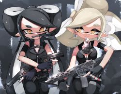 Rule 34 | 2girls, armband, bad id, bad twitter id, belt, black belt, black gloves, black hair, black jacket, black pants, blue gloves, breasts, brown eyes, callie (splatoon), combat knife, cousins, cowboy shot, dual wielding, explosive, fingerless gloves, gloves, grenade, grey hair, gun, handgun, highres, holding, holding gun, holding knife, holding weapon, inkling, jacket, knife, long hair, looking at viewer, marie (splatoon), mask, medium breasts, medium hair, mole, mole under eye, mouth hold, multiple girls, nintendo, pants, pointy ears, pouch, side-by-side, sleeveless, sleeveless jacket, standing, sukeo (nunswa08), swept bangs, tentacle hair, thigh pouch, thigh strap, trigger discipline, twintails, very long hair, weapon, weapon request, yellow eyes, zipper