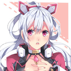 Rule 34 | 1girl, ahoge, breasts, cleavage, collarbone, floating hair, hair between eyes, hairband, jewelry, long hair, looking at viewer, matoi (pso2), medium breasts, milkpanda, necklace, open mouth, phantasy star, phantasy star online 2, portrait, red eyes, red hairband, silver hair, solo