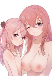 Rule 34 | 2girls, asymmetrical docking, breast press, breasts, completely nude, female focus, flower, hair flower, hair ornament, height difference, highres, incest, inui sajuna, inui shinju, large breasts, looking at viewer, luma li, multiple girls, nipples, nude, nuzzle, one eye closed, pink hair, purple eyes, siblings, simple background, sisters, small breasts, sono bisque doll wa koi wo suru, upper body, white background, yuri