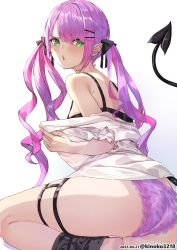 Rule 34 | 1girl, ass, bare shoulders, blush, breasts, clothes pull, dated, demon tail, ear piercing, green eyes, hair ornament, hairclip, highres, hololive, huge ass, kinoko (shikimylove), lace, lace-trimmed panties, lace trim, long hair, looking at viewer, medium breasts, multicolored hair, panties, piercing, pink hair, purple hair, shirt pull, solo, streaked hair, tail, thigh strap, thighs, tokoyami towa, twintails, twitter username, underwear, virtual youtuber