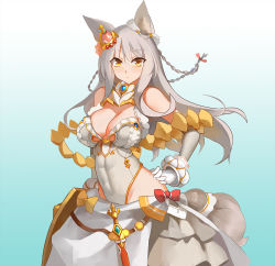 Rule 34 | 1girl, animal ears, bad id, bad pixiv id, blue background, braid, breasts, covered navel, crown, dress, hand on own hip, looking at viewer, original, sheath, solo, sword, tail, weapon, white hair, yellow eyes, yostxxx