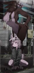 Rule 34 | 2girls, absurdres, animal ears, black nails, body fur, breasts, bridle, chain-link fence, clothed female nude female, earrings, evidence markers, female focus, fence, fox ears, fox tail, furry, furry female, grey hair, hand on own hip, highres, ippanzon3toyobe, jacket, jewelry, leaning to the side, medium breasts, multiple girls, narrow waist, navel, nude, original, outdoors, purple eyes, rabbit ears, ribs, shoes, skull, skull hat, squatting, tail, turning head