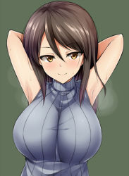 Rule 34 | 10s, 1girl, armpits, breasts, brown hair, eyebrows, girls und panzer, hair between eyes, kuragari, large breasts, long hair, looking at viewer, mika (girls und panzer), simple background, sleeveless, smile, solo, sweater, upper body, yellow eyes