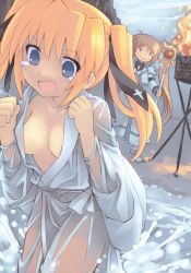 Rule 34 | 00s, 2girls, bad id, bad pixiv id, blue eyes, breasts, cleavage, cool your head, fire, jacket, kouno hikaru, lyrical nanoha, magical girl, mahou shoujo lyrical nanoha strikers, medium breasts, multiple girls, open clothes, open jacket, open mouth, orange hair, purple eyes, raising heart, red hair, smile, takamachi nanoha, teana lanster, teardrop, tears, twintails, water, wet, wet clothes, white devil