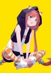 Rule 34 | 1girl, absurdres, ahoge, animal ear fluff, animal ears, bare shoulders, black choker, black hoodie, blue eyes, boots, cat ears, choker, collarbone, commentary request, flat chest, highres, hinata channel, hood, hood up, hoodie, indian style, long hair, low twintails, nekomiya hinata, open mouth, orange hair, orange thighhighs, shirt, simple background, sitting, solo, striped clothes, striped thighhighs, tank top, thighhighs, twintails, very long hair, virtual youtuber, white shirt, wristband, yellow background, zeppeki shoujo