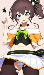Rule 34 | 1girl, absurdres, ahoge, aqua eyes, belly, black camisole, black pantyhose, black ribbon, brown hair, camisole, cat hair ornament, commentary, cowboy shot, crop top, cropped jacket, hair between eyes, hair ornament, hair ribbon, halterneck, highres, hololive, jacket, looking down, lunch boxer, medium hair, miniskirt, natsuiro matsuri, natsuiro matsuri (1st costume), neck ribbon, off-shoulder jacket, off shoulder, orange jacket, panties, pantyhose, pinstripe camisole, pinstripe pattern, pleated skirt, ribbon, short sleeves, side ponytail, simple background, skindentation, skirt, solo, spaghetti strap, striped clothes, striped panties, surprised, sweatdrop, torn clothes, torn pantyhose, underwear, virtual youtuber, white skirt