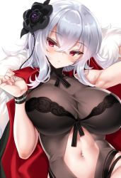 Rule 34 | 1girl, alternate costume, azur lane, black flower, black one-piece swimsuit, bracelet, breasts, cle masahiro, cleavage, clothing cutout, coat, crossed bangs, flower, fur-trimmed coat, fur trim, graf zeppelin (azur lane), graf zeppelin (beachside urd) (azur lane), groin, hair between eyes, hair flower, hair ornament, hand up, jacket, jacket on shoulders, jewelry, large breasts, long hair, looking at viewer, messy hair, midriff, navel, navel cutout, one-piece swimsuit, parted lips, red eyes, revealing clothes, see-through, sidelocks, silver hair, sitting, solo, stomach, swimsuit, wrist straps