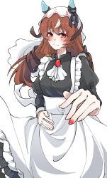Rule 34 | 1girl, 2hin03, alternate costume, animal ears, apron, blush, breasts, brown hair, closed mouth, enmaided, fingernails, hair between eyes, hair ornament, highres, horse ears, horse girl, horse tail, maid, reaching, reaching towards viewer, red eyes, small breasts, smile, solo, still in love (umamusume), tail, umamusume, veil, white background