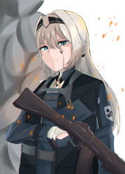 Rule 34 | 1girl, absurdres, an-94, an-94 (girls&#039; frontline), aqua eyes, aqua gloves, assault rifle, black hairband, blonde hair, blood, blood on face, breasts, closed mouth, girls&#039; frontline, gloves, gun, hair between eyes, hair ornament, hairband, hairclip, highres, holding, holding gun, holding weapon, long hair, looking at viewer, rifle, serious, simple background, small breasts, smoke, solo, tactical clothes, tigger drawing, unhappy, upper body, weapon