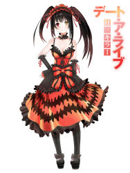Rule 34 | 10s, 1girl, bare shoulders, black hair, boots, breasts, cleavage, clock, clock eyes, collarbone, cross-laced footwear, date a live, detached sleeves, dress, full body, hairband, heterochromia, highres, itaru chokusha, lace-up boots, lolita fashion, lolita hairband, long hair, looking at viewer, pantyhose, platform boots, platform footwear, red eyes, sidelocks, simple background, sleeveless, sleeveless dress, solo, standing, symbol-shaped pupils, tokisaki kurumi, twintails, uneven twintails, white background, yellow eyes