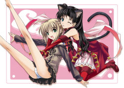Rule 34 | 00s, 2girls, ;p, ahoge, animal ears, artoria pendragon (all), artoria pendragon (fate), bad anatomy, black hair, blonde hair, boots, cat ears, cat tail, elbow gloves, fate/hollow ataraxia, fate/stay night, fate (series), gloves, green eyes, happy, hug, kaleido ruby, kneeling, legs up, long hair, long legs, miniskirt, multiple girls, official alternate costume, one eye closed, outstretched arms, panties, pantyshot, ribbon, saber (fate), sitting, skirt, smile, spread arms, tail, thighhighs, tohsaka rin, tongue, tongue out, toosaka rin, underwear, upskirt, wink, yatsushima tetsuya