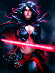 Rule 34 | 1girl, armor, black hair, borrowed character, breasts, cape, center opening, cleavage, commentary, crossover, energy sword, happy birthday, highres, lightsaber, lipstick, long hair, makeup, midriff, multicolored hair, navel, nose, pauldrons, pepper project, purple lips, shoulder armor, sith, solo, star wars, sword, the art mage, weapon