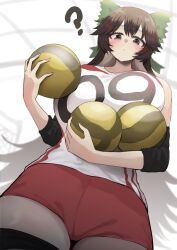 Rule 34 | 1girl, ?, alternate costume, ball, black hair, blush, bow, breasts, brown eyes, commentary request, cowboy shot, gomeifuku, green bow, hair bow, hair flaps, highres, holding, holding ball, large breasts, long hair, looking at viewer, number pun, red shorts, reiuji utsuho, shirt, shorts, solo, sportswear, touhou, very long hair, volleyball (object), volleyball uniform, white background, white shirt