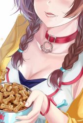 Rule 34 | 1girl, animal collar, bowl, braid, breasts, brown hair, brz, cleavage, collar, dog treat, drooling, highres, hololive, inugami korone, inugami korone (1st costume), long hair, low twin braids, lower teeth only, parted lips, pet bowl, scooby-doo, solo, teeth, twin braids, virtual youtuber