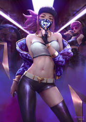Rule 34 | 2girls, akali, artist name, asymmetrical legwear, baseball cap, belt, bracelet, breasts, can, cheesewoo, choker, claws, cleavage, contrapposto, crop top, evelynn (league of legends), finger to mouth, fingerless gloves, gloves, hair over shoulder, hat, highres, holding, holding can, jacket, jewelry, k/da (league of legends), k/da akali, k/da evelynn, league of legends, lipstick, long hair, makeup, mask, medium breasts, midriff, mouth mask, multiple girls, navel, neck ring, official alternate costume, paint can, ponytail, purple-tinted eyewear, purple hair, purple jacket, shushing, single fingerless glove, single glove, single thighhigh, skirt, smoke, solo focus, stomach, sunglasses, thighhighs, tinted eyewear, train interior, uneven legwear, yellow eyes